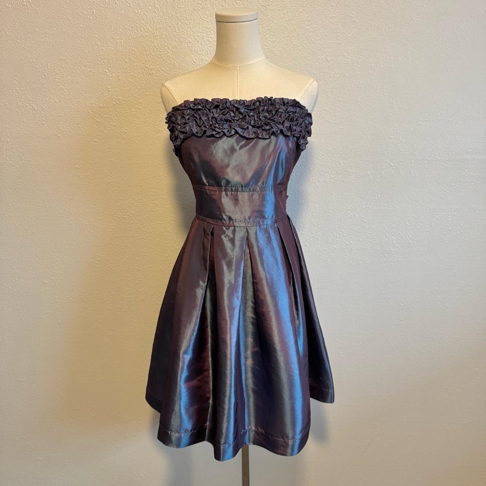 STUDIO Y Vintage Y2K Purple Blue Iridescent Ruffle Strapless Formal Mini Dress